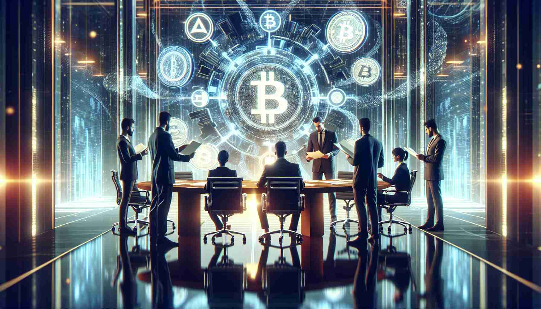 Generate a hyper-realistic, high-definition illustration of a scene involving a blockchain advocacy group. This group should stand in a modern office setting, adorned with futuristic technology and cryptocurrencies symbols. They're engaged in a deep discussion, challenging the provisions of a governmental taxation agency (represented metaphorically, perhaps by large daunting documents or a symbolic icon). The ambiance should be intense, reflecting the seriousness of the situation.