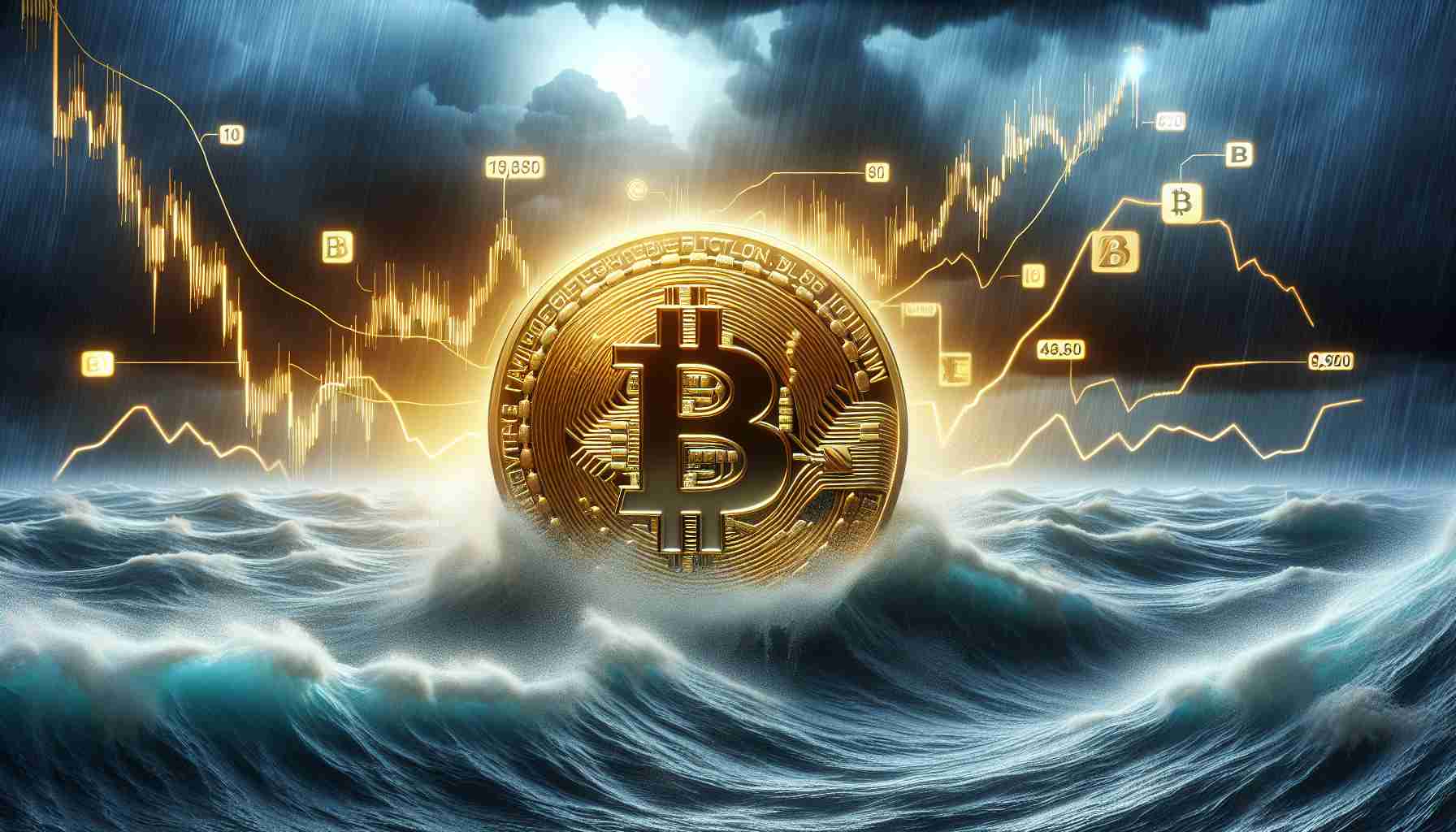 A realistic High-definition image depicting the concept of Bitcoin resilience amid market instability and economic uncertainty. Visual representation could comprise a Bitcoin coin, in shimmering gold, atop a graph depicting volatile markets, with symbols indicating fluctuations. Background could hint at stormy weather or turbulent sea waves to symbolize the uncertain economic conditions. Important to avoid personification or reference to specific real-world entities or individuals.