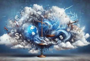 Illustrative image of global financial uncertainty with symbolic representations such as a balancing scale, a fluctuating graph line, mixed currency symbols, and a world map, all embedded within a cloud of storm. Add an oil pump to represent the conclusion of the historic oil deal. The overall artistry should be realistic and high definition.