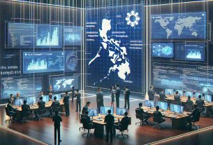 A high-definition image depicting the scenario where Philippines is in the process of transitioning government systems through the use of blockchain technology. Picture a scene with government officials, of varying genders and descents, collaborating inside a modern office with screens displaying graphs, algorithms, and blockchains. Digital screens on the walls show coding sequences and encrypted logic blocks of a blockchain network. In the forefront, a large screen displays the map of Philippines, symbolizing the nationwide adoption of the technology.