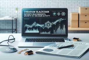 Generate a high-definition, realistic image of a headline or front page news report stating 'Shibarium Blockchain Reports Remarkable Growth in On-Chain Activity'. Show some associated graphs and statistical data indicating the growth in activity, serving as evidence for the headline. Include a laptop displaying the headline, placed on a clean, modern desk.