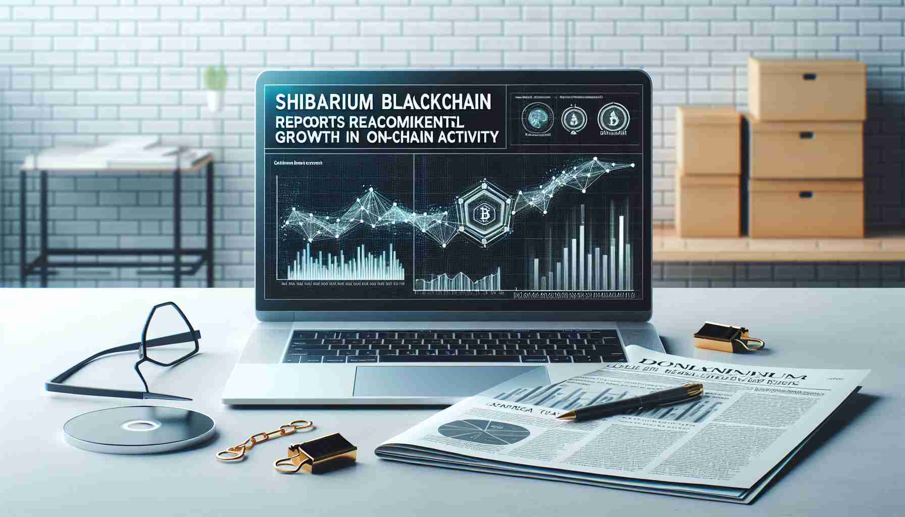 Generate a high-definition, realistic image of a headline or front page news report stating 'Shibarium Blockchain Reports Remarkable Growth in On-Chain Activity'. Show some associated graphs and statistical data indicating the growth in activity, serving as evidence for the headline. Include a laptop displaying the headline, placed on a clean, modern desk.