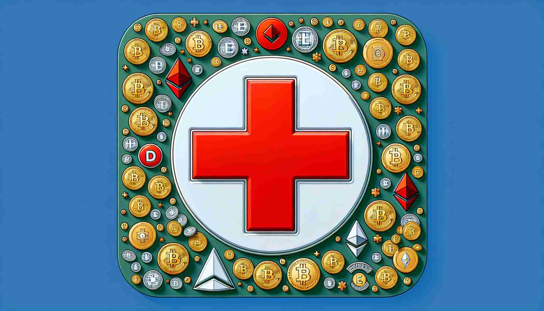 Generate a realistic HD image of the following scenario: The emblem of the British Red Cross, prominently displayed in the centre, surrounded by various universally recognizable symbols of cryptocurrencies. Signs of Bitcoin, Ethereum, Litecoin, etc. are scattered around, implying that these digital assets are being accepted for contributions.