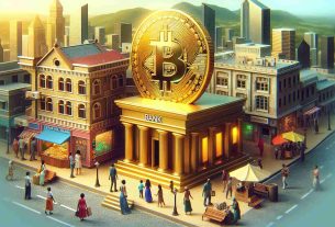 Create a realistic high-definition image of digital cryptocurrency triumphing over traditional banking in emerging markets. Illustrate a golden USDT coin towering over a miniature traditional bank building, expressing the ascendency of crypto technology. Use rich, vibrant colors to emphasize the contrast. Add details commonly associated to emerging markets, such as bustling sidewalk markets and diverse architecture. Include people from different descents and genders - for instance, a Black woman and a Middle-Eastern man engaging in a transaction using digital currency, highlighting the cultural diversity and inclusivity in these markets.