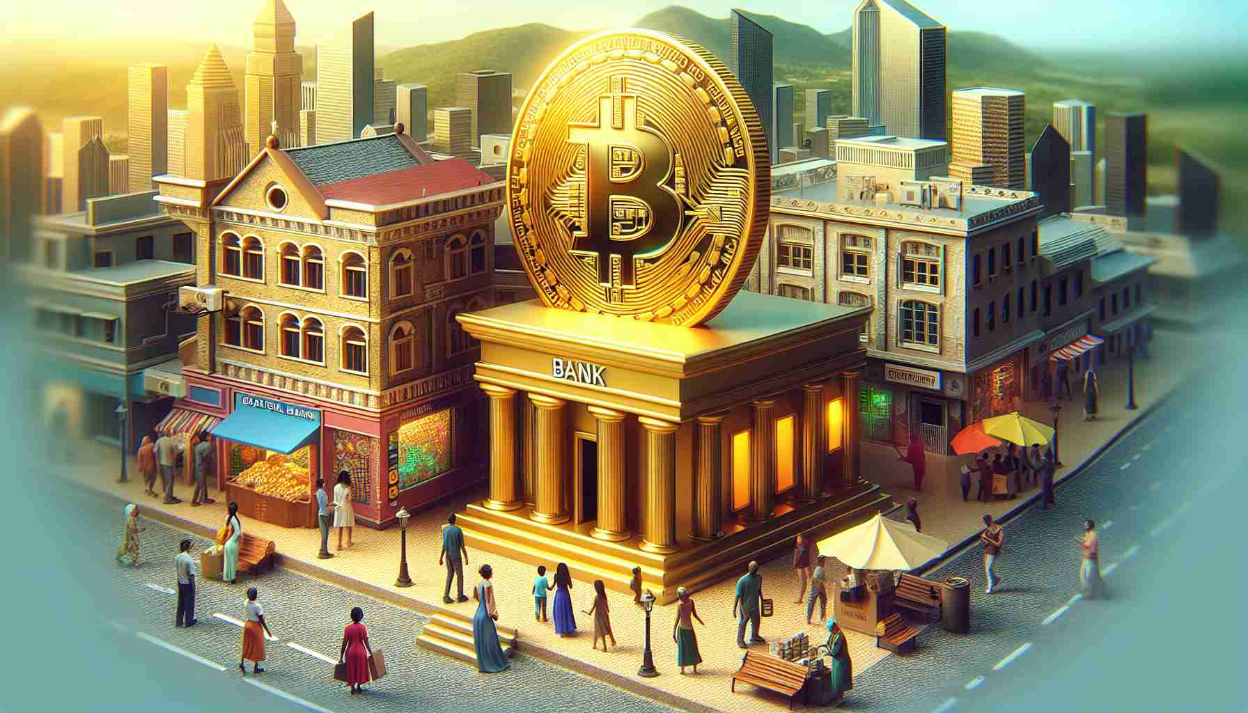 Create a realistic high-definition image of digital cryptocurrency triumphing over traditional banking in emerging markets. Illustrate a golden USDT coin towering over a miniature traditional bank building, expressing the ascendency of crypto technology. Use rich, vibrant colors to emphasize the contrast. Add details commonly associated to emerging markets, such as bustling sidewalk markets and diverse architecture. Include people from different descents and genders - for instance, a Black woman and a Middle-Eastern man engaging in a transaction using digital currency, highlighting the cultural diversity and inclusivity in these markets.