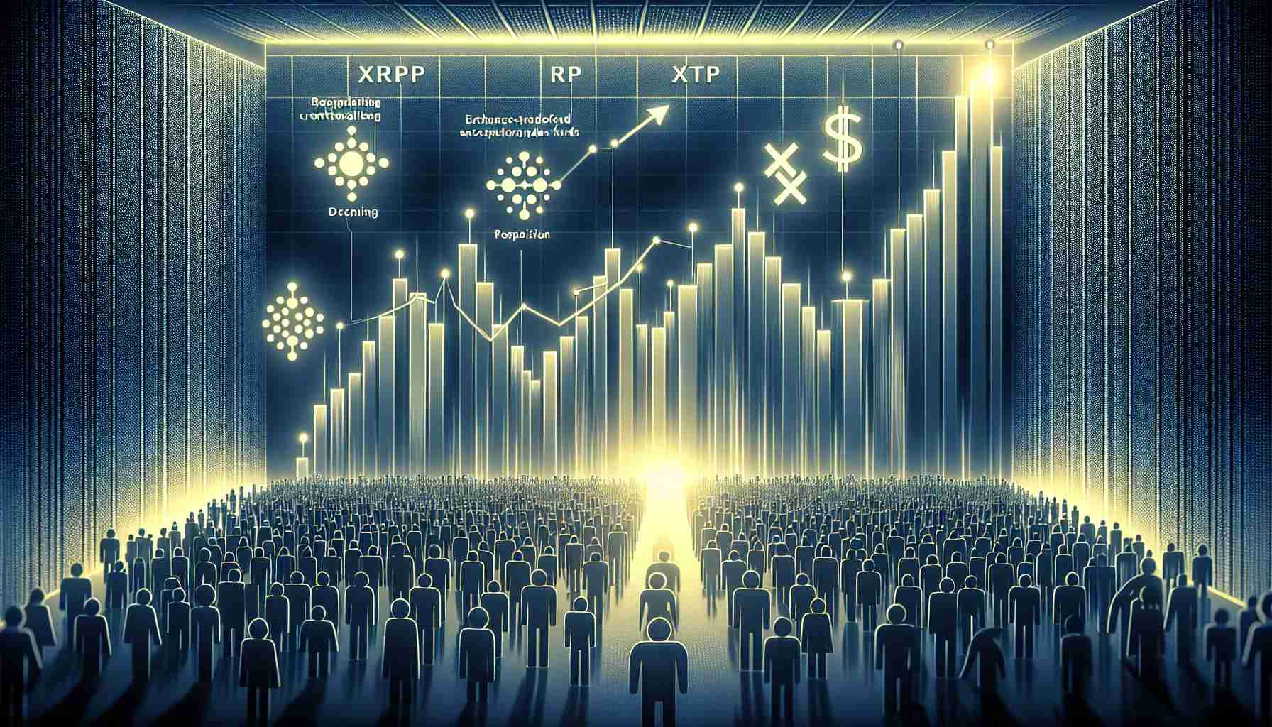 Create a detailed, high definition image that symbolically represents the prospects of Exchange-Traded Funds (ETFs) for cryptocurrencies, specifically XRP and Cardano. The image should capture a sense of dim prospects based on factors of decentralization and market demand. It might include symbolic imagery such as a dimly lit upward trending chart depicting ETFs, graph lines interspersed with blockchain symbols for decentralization, and a diminishing crowd or line for diminishing demand.