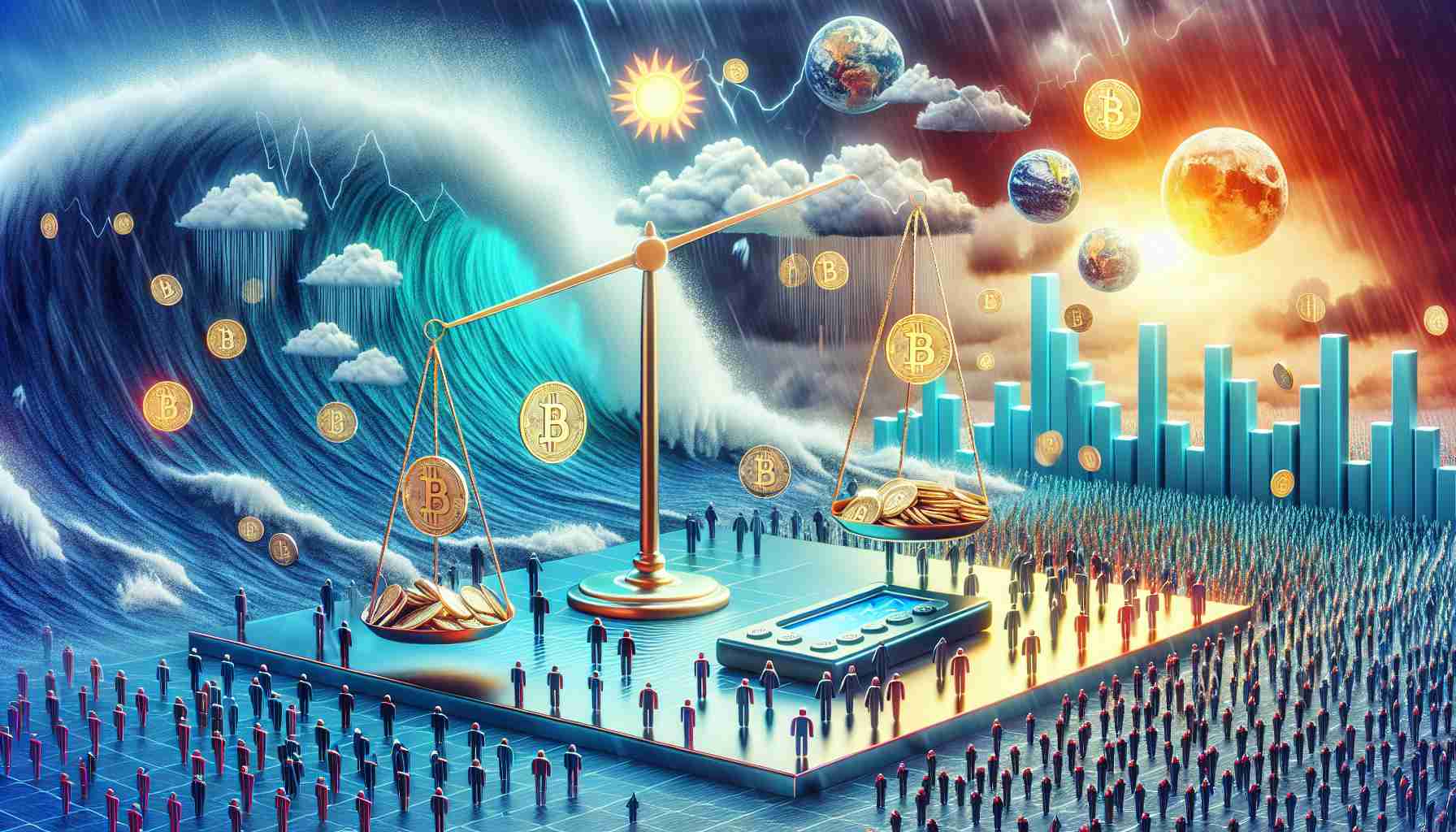 A high definition conceptual image portraying a depiction of the Uniswap cryptocurrency experiencing a price adjustment. The scene illustrates this concept with the use of scales or graphs to show a fluctuation in the value. In the background, visualize metaphoric symbols or signs suggesting a shift in market sentiment, such as weather imagery (e.g., storm clouds for negative sentiment, sunshine for positive sentiment), various-sized crowds of people signaling differing opinions or a wave rolling in symbolizing change. Please refrain from using any specific numbers or values, and maintain a general approach.