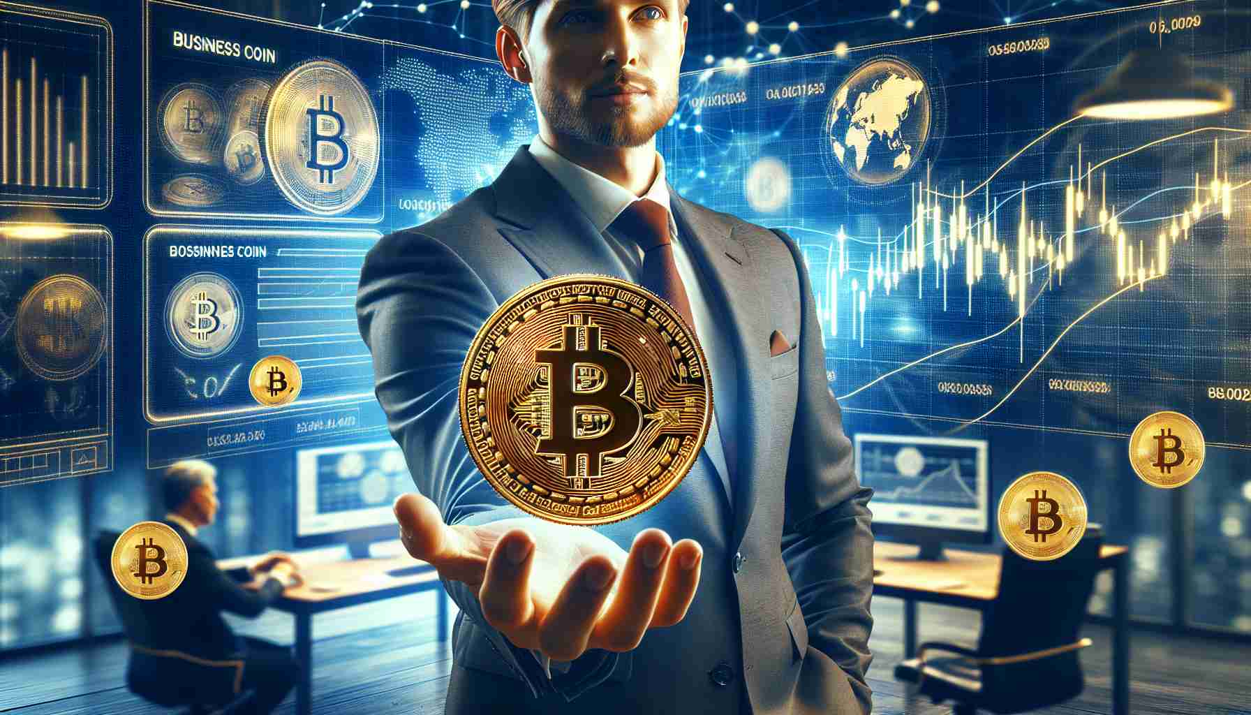 Generate an image of a distinguished businessman entering the world of cryptocurrency, signified by him holding a newly minted, shining golden coin with the inscription 'Business Coin'. The man should have identifiable businessman features such as a tailored suit and unique hair style. The backdrop should be a hi-tech, modern office with screens displaying cryptocurrency graphs and data.