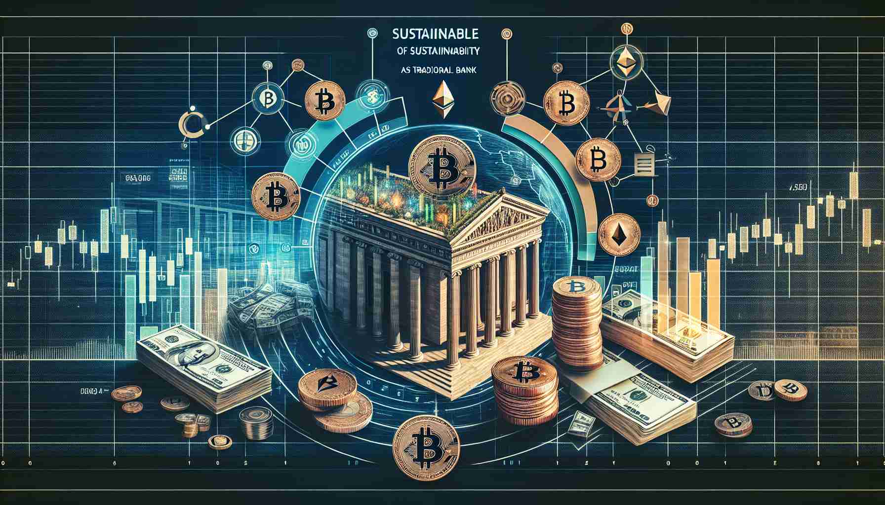 A high resolution image realistically portraying the sustainable analysis of cryptocurrency markets as per traditional bank research. The image should contain elements symbolizing cryptocurrency like Bitcoin and Ethereum coins, alongside symbols of major banking sectors, like a grand building, currency notes, and a massive ledger book. An analytical chart showing variables for sustainability like market trends, volume, etc., should be central to the image. Geometrical vectors could be added for an aesthetic touch.