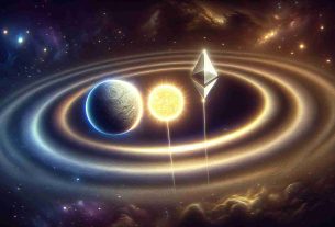 Realistic representation of symbolic scene in high definition where two celestial bodies are labelled as 'Solana' and 'Ethereum'. These bodies are set against the cosmos, with 'Solana' moving into a prominent position, partially obscuring 'Ethereum', in a portrayal of it becoming a more influential figure in the world of blockchain technology.