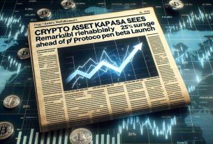 High-definition, realistic image of a piece of news headline reading 'Crypto Asset Kaspa Sees Remarkable 25% Surge Ahead of Protocol Open Beta Launch' with background graphics of rising financial charts implying a surge and a conceptual design representing crypto asset Kaspa.