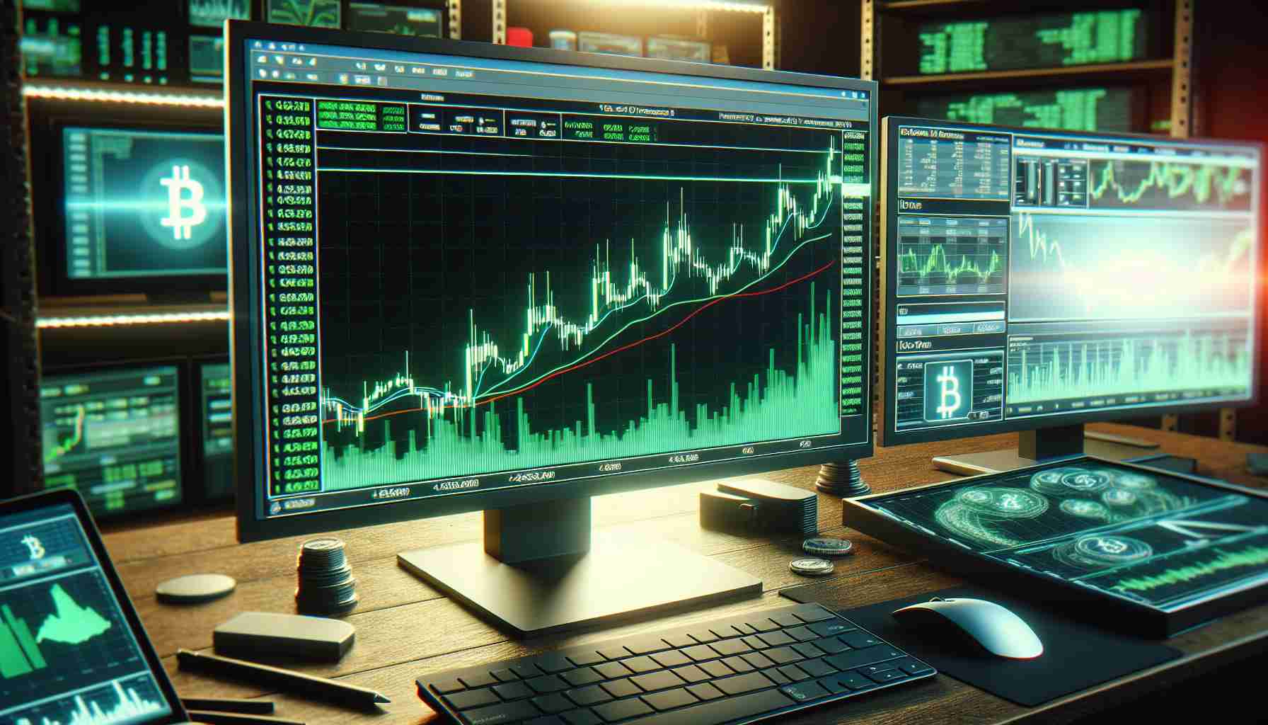 A high-definition, realistic image of the Cryptocurrency Market recovering. Picture a computer screen displaying live cryptocurrency charts in green, signifying a bull market. To further illustrate the recovery, also envision a positive uptrend line on these charts. The surroundings should be like a typical trader's workstation, possibly with multiple screens, a keyboard, and a mouse.