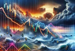 Create a high-definition, realistic image representing a volatile cryptocurrency market facing a steep decline. The metaphorical scene should include a graph showing a sharp downward trend against a background suggestive of turmoil, like stormy weather or churning seas. To represent the digital nature of the cryptocurrency, incorporate elements such as binary codes, digital screens, or colorful neon lines.