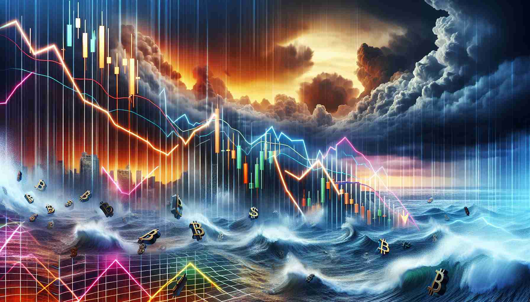 Create a high-definition, realistic image representing a volatile cryptocurrency market facing a steep decline. The metaphorical scene should include a graph showing a sharp downward trend against a background suggestive of turmoil, like stormy weather or churning seas. To represent the digital nature of the cryptocurrency, incorporate elements such as binary codes, digital screens, or colorful neon lines.