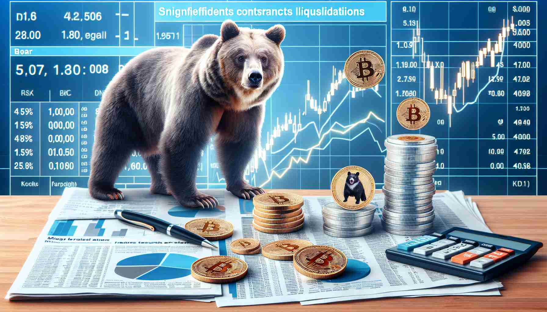 Create an image simulating a financial news headline where market bears overpower a dog-inspired cryptocurrency leading to significant futures contracts liquidations. The image might include a bear symbolizing bearish trend and coins with a dog logo on them. Also include graphical representations of fluctuating market trends. The image should be of high definition and realistic style.