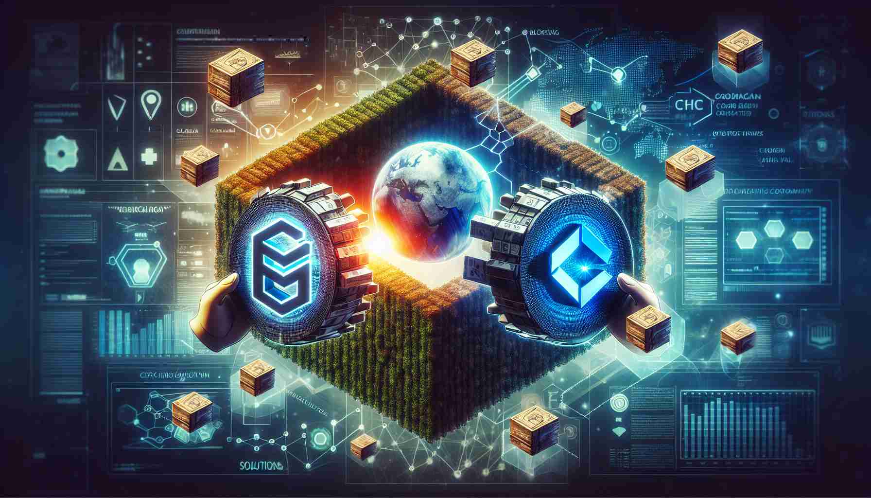 A realistic high definition image that visualizes the concept of a company named VanarChain joining forces with another named CeffuGlobal. Their purpose is to strengthen solutions around blockchain technology for hedge funds. This can be depicted as two symbolic icons, one representing each company, coming together. Surround them with a digital, tech-inspired environment to represent the blockchain element. Depict a hedge made out of blocks or digital elements, signifying the hedge fund aspect of their mission.