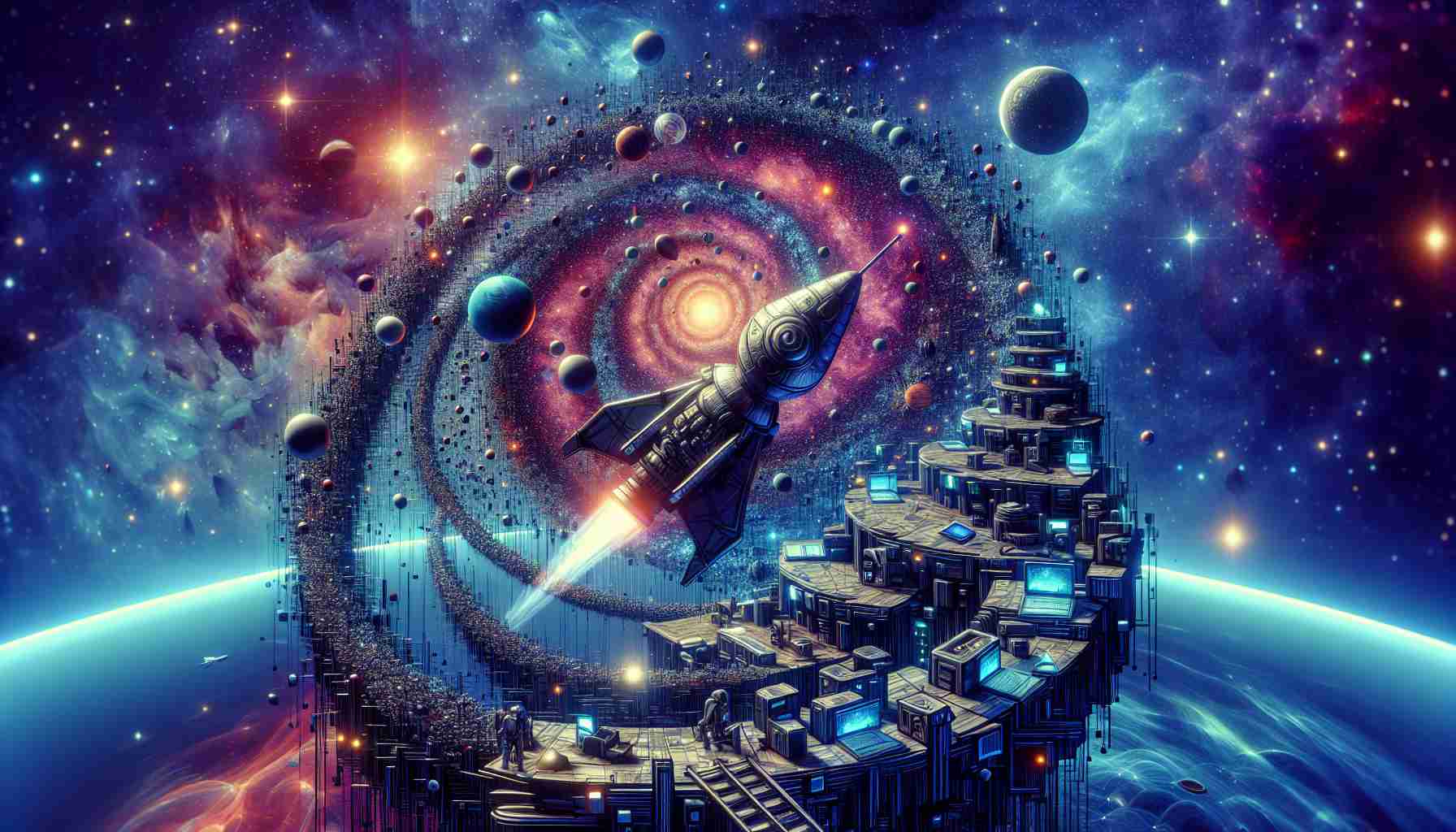 Generate an image illustrating a symbolic representation of a company named 'Hermetic Labs' launching a guide for businesses and investors navigating the complex landscape of Web3. Imagine this in a high-definition, realistic style where the 'Hermetic Labs' is depicted as a modern spacecraft embarking on a journey into a galaxy that symbolizes the Web3 conundrum. This galaxy is filled with planets and celestial objects that represent different aspects of Web3 such as blockchain, decentralized applications, cryptocurrencies, and digital assets.