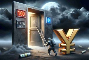 Create an HD realistic image of the scenario where the currency symbol 'Yen' is depicted struggling near a large door labeled 'Key 160 Level', symbolizing financial challenges. The dark, stormy clouds overhead indicate looming intervention concerns.