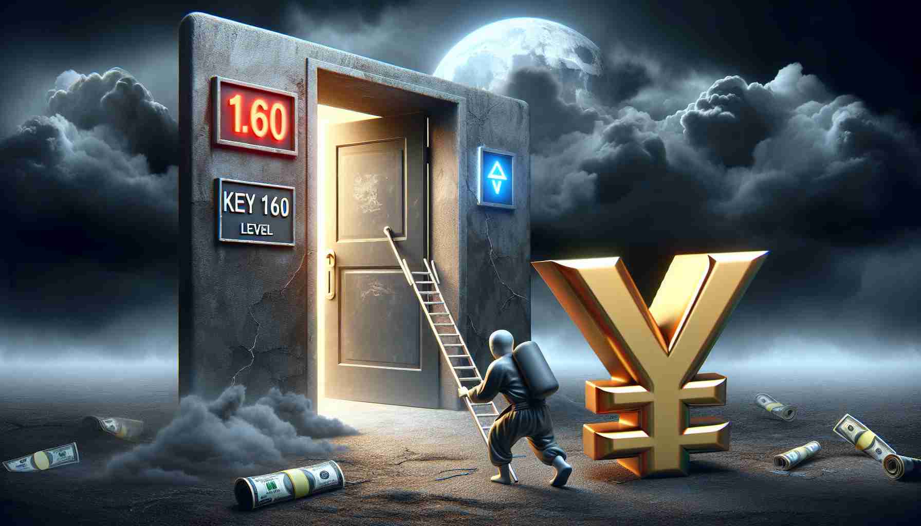 Create an HD realistic image of the scenario where the currency symbol 'Yen' is depicted struggling near a large door labeled 'Key 160 Level', symbolizing financial challenges. The dark, stormy clouds overhead indicate looming intervention concerns.