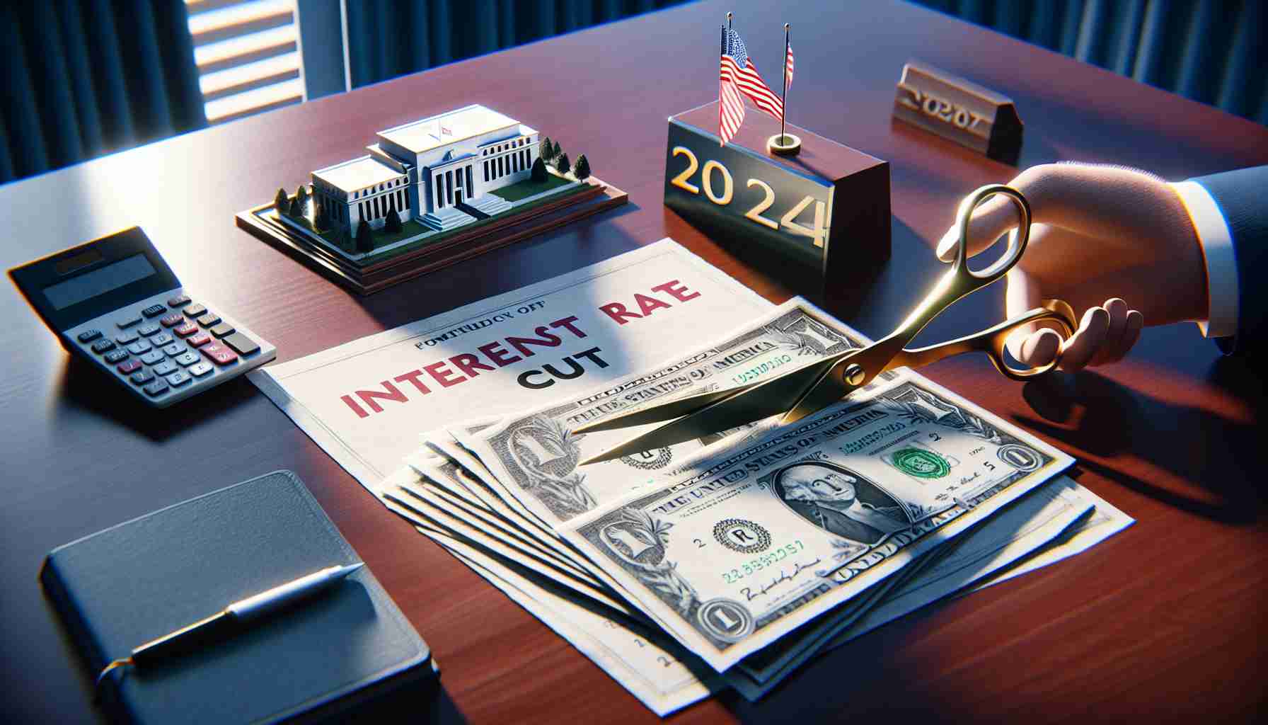 A high-definition, visually realistic depiction of a metaphorical concept: The U.S. Federal Reserve contemplating a single interest rate cut for 2024. This scene could include tangible objects representing the financial institutions, the year 2024, and the concept of a rate cut (maybe a pair of scissors cutting a strip of paper with 'Interest Rate' written on it). The setting should imply a sense of decision-making and concern for national economy.