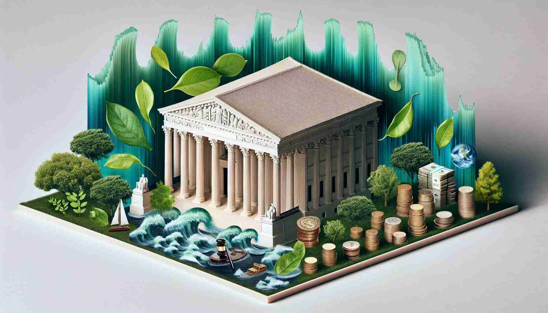 A detailed, realistic photo showcasing the symbolic representation of the Supreme Court making changes to agency authority over environmental and financial regulations. Please illustrate a grand building with neoclassical architecture representing the Supreme Court. Surround it with symbolical imagery of environmental and financial regulations - trees, green leaves, wildlife for environmental, and stacks of coins, financial papers, graphs for financial regulations. Depict the changes as waves emanating from the building, influencing the surrounding symbols, indicating a reshaping of authority.