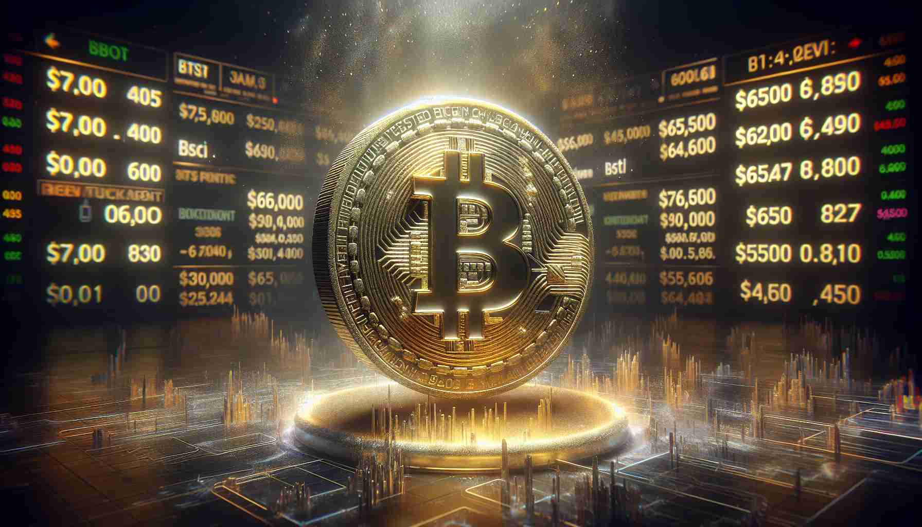 Create a high-definition, realistic image of a Bitcoin symbol standing stable and tall, cast in shimmering gold. Encapsulate it within an aura of tranquility, representative of a quiet, calm market. Place it against a backdrop of a digital stock market ticker where the number $65K prominently stands out, implying that Bitcoin is maintaining its value above $65,000. The absence of short-term traders is represented by a lack of chaotic fluctuations in the market trends.