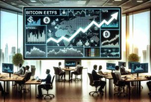 Create a high-quality realistic visual representation showing an influx in the adoption of Bitcoin exchange-traded funds (ETFs). Illustrate an image of computer screens displaying increasing graphs and datasets related to Bitcoin ETFs. Also include a backdrop of a busy modern office environment representing financial analysts at work. The imagery should portray an overall sense of enhanced liquidity in the cryptocurrency market.