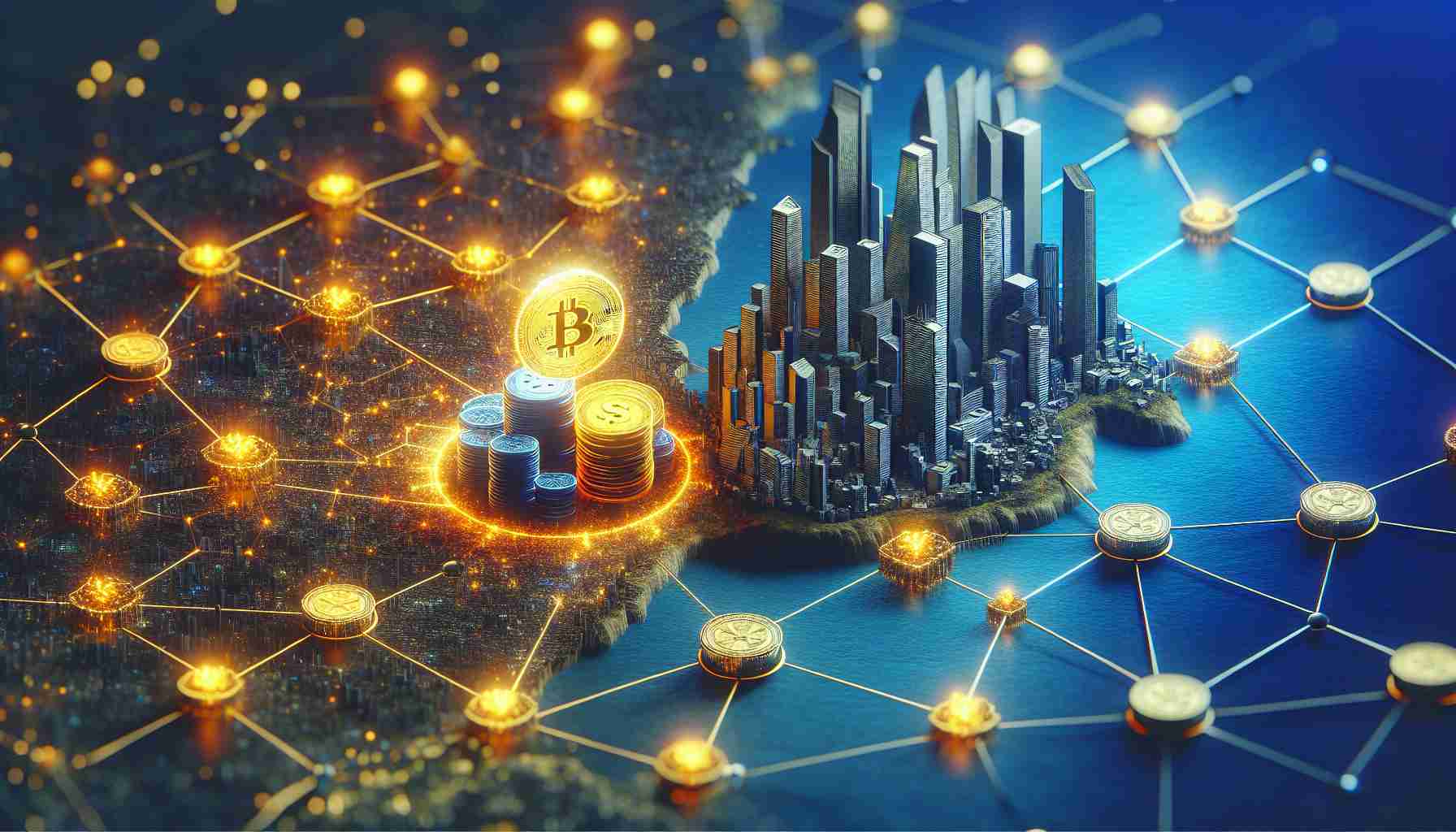 A highly detailed, realistic representation highlighting the burgeoning blockchain technology landscape in Japan and Korea. A 3D visual metaphor could represent this growth, depicting two modern cityscapes, one symbolising Japan and the other Korea. In the center, a stylized blockchain metaphor, such as interconnecting nodes or chains, signifies the fund that is facilitating new developments. The fund could be visualized as a pool of shimmering golden coins, symbolising cryptos like Ripple.