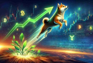 High-quality digital illustration of a soaring Shiba Inu, depicted as an artistic metaphor for a pivotal market turnaround. The dog, emblematic of a popular cryptocurrency, lifts off, signifying a strong financial rebound. Springing upward, the Shiba Inu carries an abstract symbol of growth and prosperity, possibly a climbing green arrow or a burgeoning plant in bloom. The background is imbued with the atmosphere of a financial market, perhaps a digital display of stock market trends or various currency icons subtly interwoven into the landscape. Visual emphasize should be placed on the Shiba Inu's rapid ascent, the hopeful undertones lighting up the scenery.