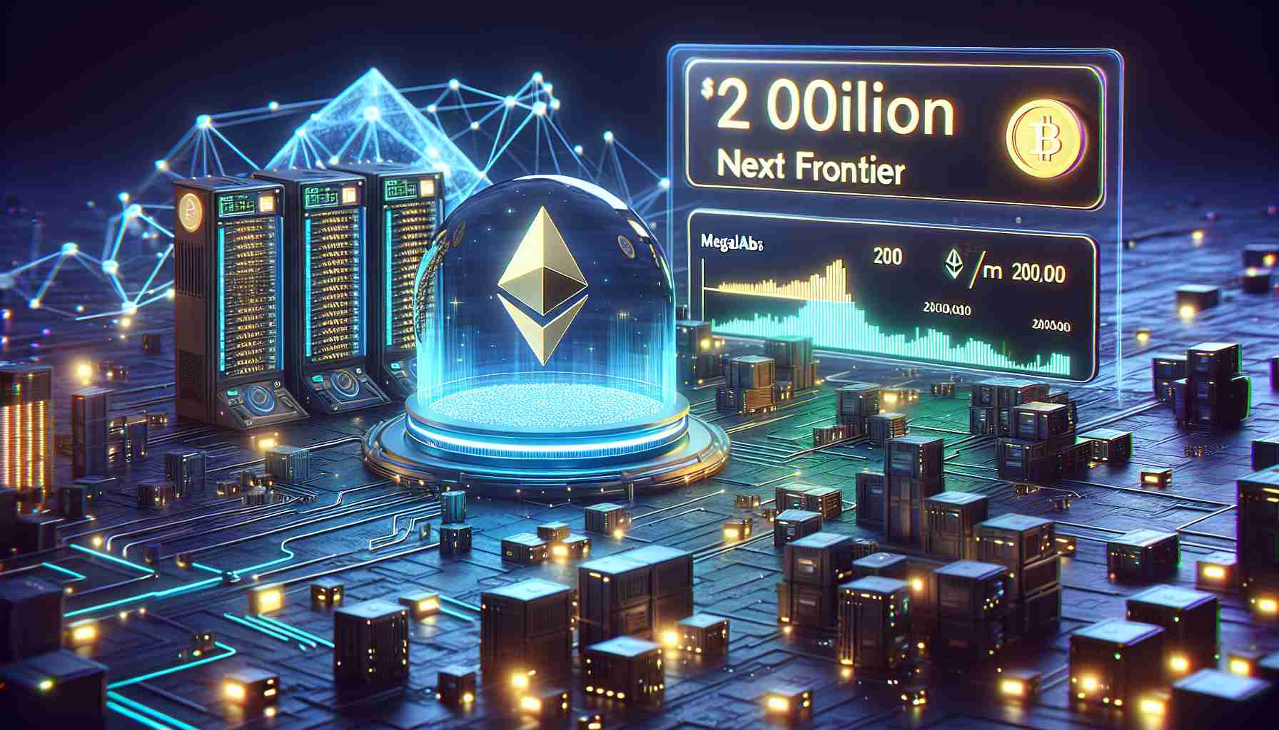 Realistic high-definition image representing the concept of Ethereum's next frontier, where a fictional company named 'MegaLabs' has recently raised 20 million dollars in funding to develop an ultra-fast blockchain named 'MegaETH'. The scene can include an innovative and futuristic setting, with elements to symbolize the blockchain technology, such as interconnected nodes, advanced computers, and a progress bar filling up to the 20 million dollar goal for the investment.