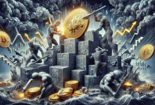 An intricate, high-definition depiction of a symbolic scene representing the pressures impacting Bitcoin miners in a volatile market. The central stage is occupied by figurative representations of Bitcoin miners, crafted as elaborate humanoid figures chiselling away at colossal gold and silver blocks, representing Bitcoin. Surrounding them are stormy market elements of fluctuating dollar signs and upward/downward arrows, symbolizing the challenging economic environment. Visualize them with a consistently dynamic and turbulent atmosphere, emphasizing the uncertainty and volatility inherent to the world of cryptocurrency mining.