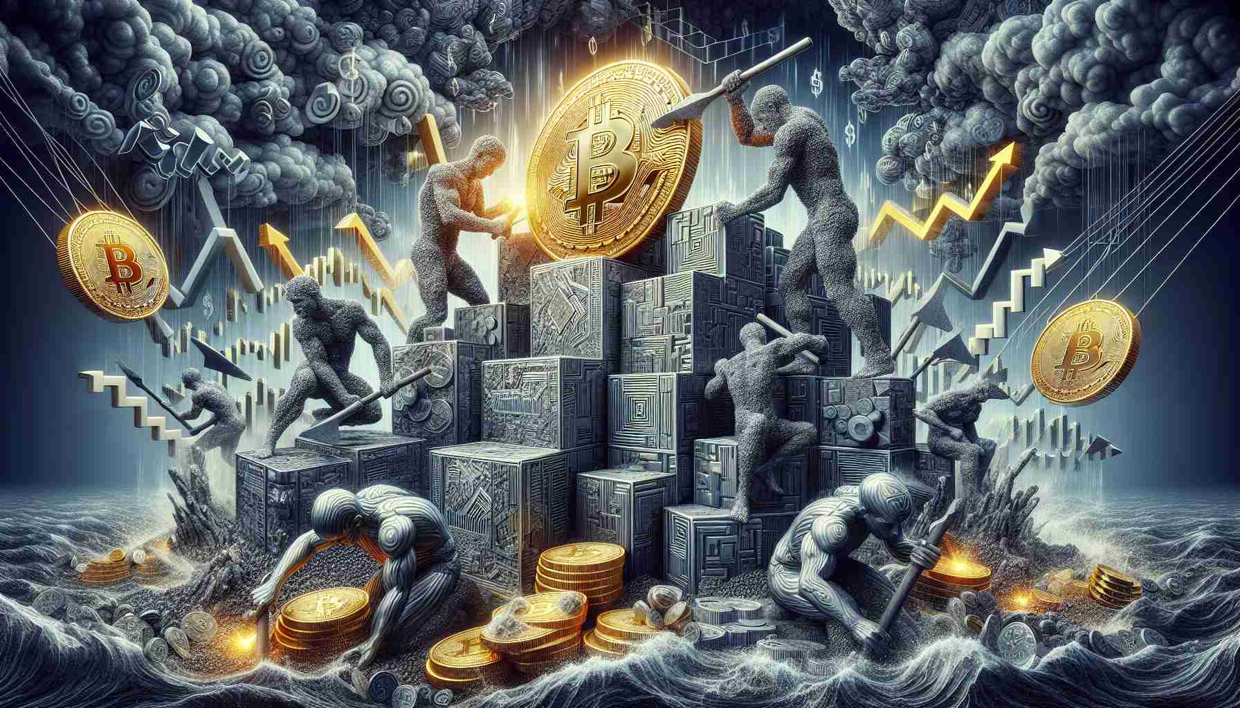 An intricate, high-definition depiction of a symbolic scene representing the pressures impacting Bitcoin miners in a volatile market. The central stage is occupied by figurative representations of Bitcoin miners, crafted as elaborate humanoid figures chiselling away at colossal gold and silver blocks, representing Bitcoin. Surrounding them are stormy market elements of fluctuating dollar signs and upward/downward arrows, symbolizing the challenging economic environment. Visualize them with a consistently dynamic and turbulent atmosphere, emphasizing the uncertainty and volatility inherent to the world of cryptocurrency mining.