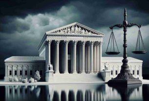 A highly detailed and realistic illustration of the Supreme Court building, distinguishable with its iconic white columns and grand architecture. Nearby, a symbol of scales, representing the balance of power, is making a dramatic shift towards buildings that emblematically symbolize regulatory agencies.