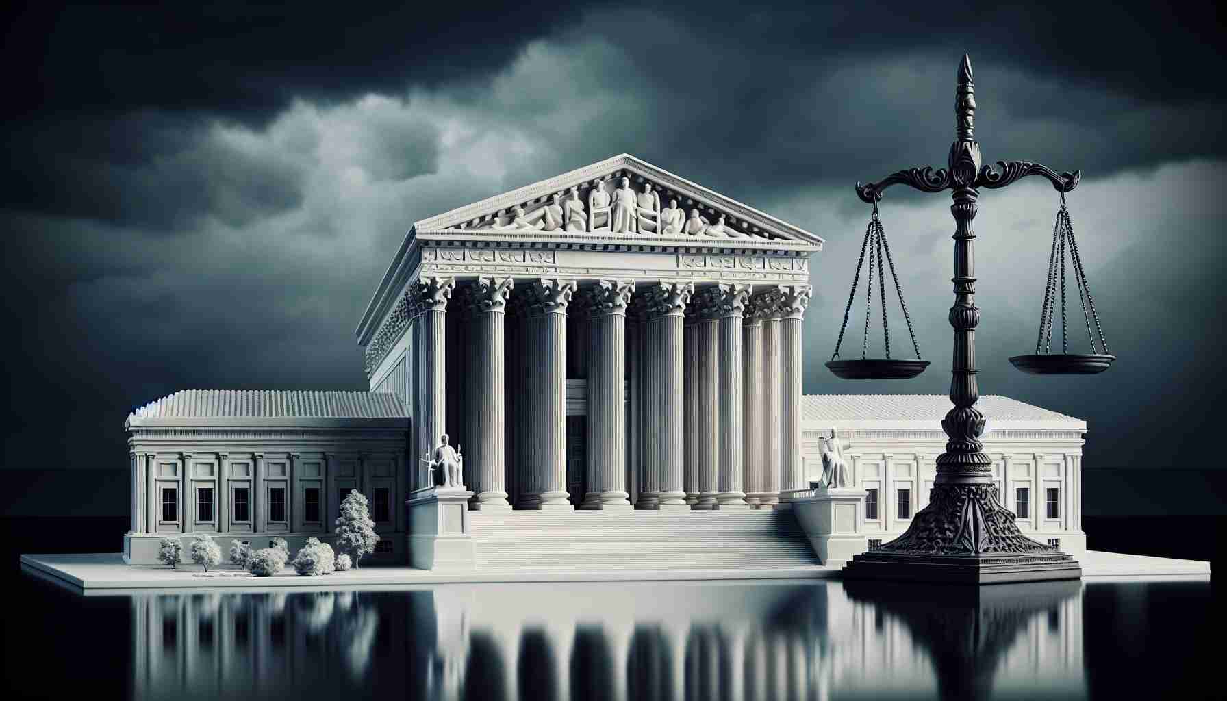 A highly detailed and realistic illustration of the Supreme Court building, distinguishable with its iconic white columns and grand architecture. Nearby, a symbol of scales, representing the balance of power, is making a dramatic shift towards buildings that emblematically symbolize regulatory agencies.