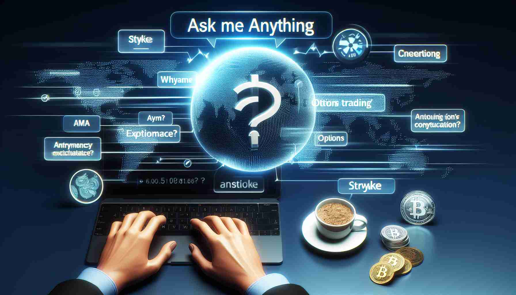 A realistic, high-definition image with the concept of an informative Ask Me Anything (AMA) session between an online digital currency exchange and a trader named Stryke, focusing on the topic of options trading. The image should evoke elements of finance, cryptocurrency, information exchange and a sense of engaged Q&A discussion.