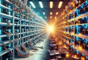 Imagine a scene showing a transition from a typical cryptocurrency mining operation to a sophisticated artificial intelligence data center. The photo should start from one side with a Bitcoin mining facility filled with rows of computer servers, tangled cables, cooling fans, and blinking lights. Gradually, this scene morphs into an ultramodern AI data center on the other side filled with neat rows of cutting-edge technology, with sleek server racks, fiber optics, and streamlined design. The image should be of high-definition and realistic quality.