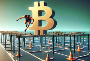 An ultra high definition, realistic image depicting the concept of efficiency hurdles for Bitcoin despite lower fees. Visualize the Bitcoin symbol represented as a runner attempting to clear numerous hurdles, symbolizing the challenges. The hurdles could be labeled with words such as 'scalability', 'acceptance', 'regulation', and 'security'. Despite the hurdles being lower, indicating the lower fees, the runner struggles, showing the persisting efficiency problems. The background could be a running track to complete the athletics theme.