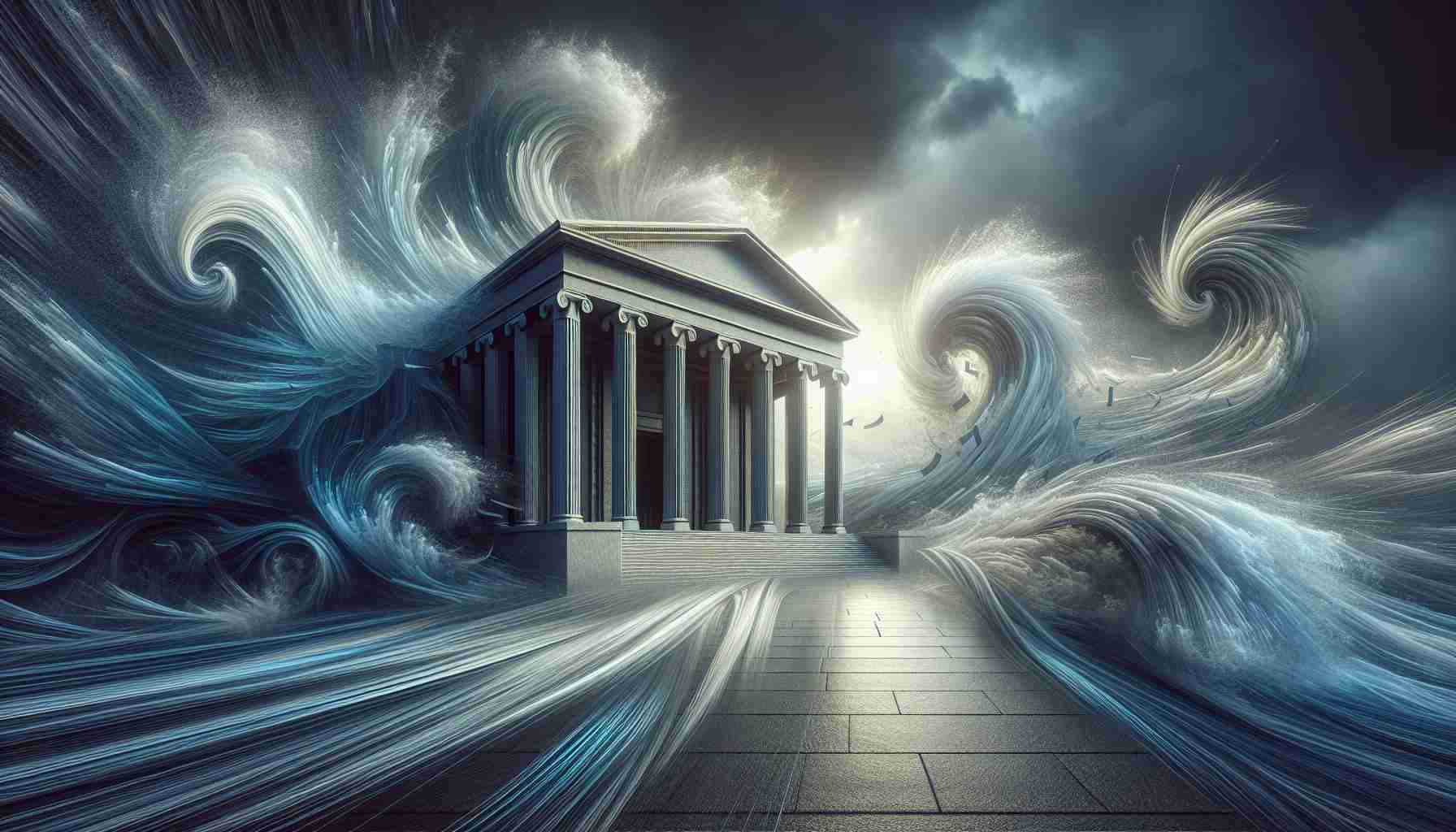 Creating a vivid, high-definition image that captures steady rates amid inflationary pressures: an abstract representation of a central bank's decision to hold firm. The image could include a large, solid edifice symbolizing the bank standing firm against a backdrop of swirling, chaotic winds representing inflationary pressures. This setting subtly suggests economic turbulence, yet the building remains unyielding and resolute.