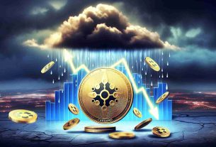 Generate a realistic HD image capturing the concept of Cardano, represented as a symbolic coin or logo, amidst a backdrop that symbolizes falling market sentiment. This can be depicted as a descending graph or a weather metaphor like stormy clouds or rain.