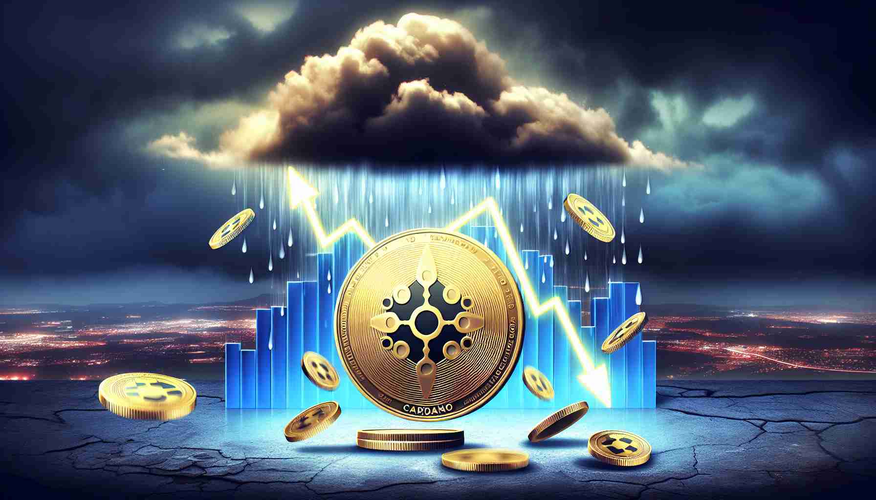 Generate a realistic HD image capturing the concept of Cardano, represented as a symbolic coin or logo, amidst a backdrop that symbolizes falling market sentiment. This can be depicted as a descending graph or a weather metaphor like stormy clouds or rain.