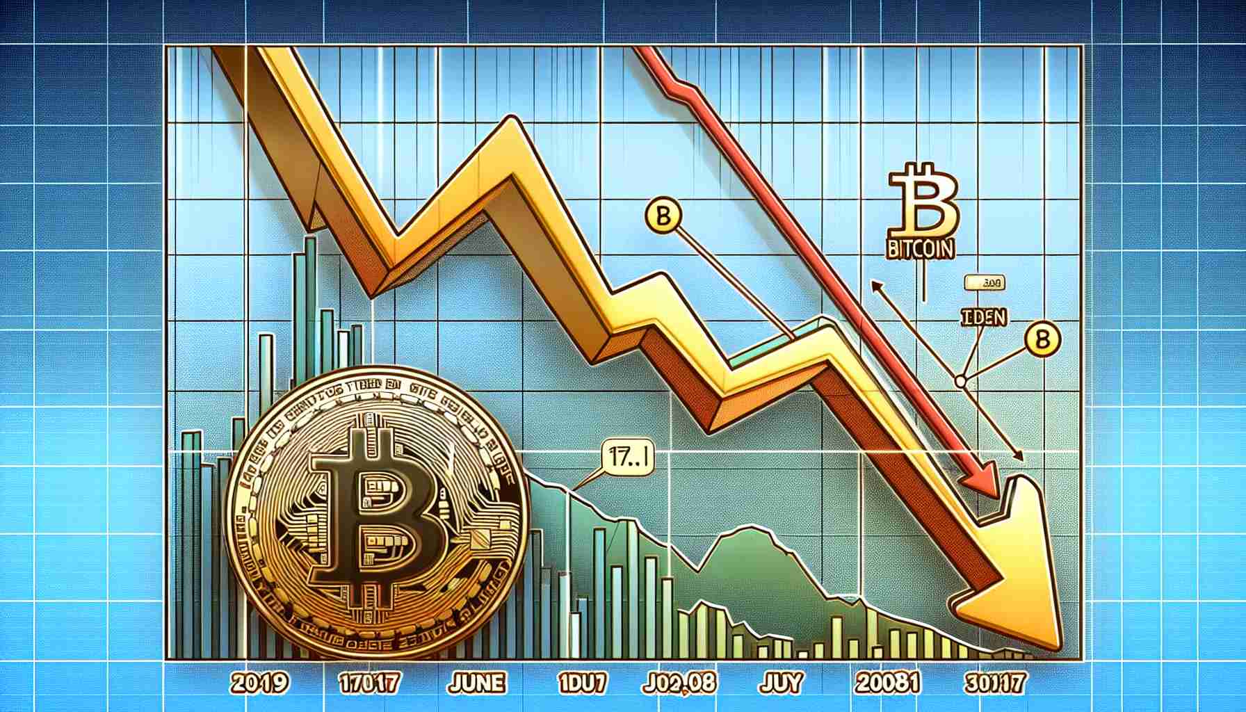 Generate a high-definition, realistic image of the trend line for Bitcoin on a day in June, showing a potential decline. The image should include a detailed line graph with data points, on a time scale. The downward trend should be prominently indicated, signifying a potential downturn. Make sure to include the date of June 17th on the horizontal axis of the graph. Please do not include any specific logos or copyrighted elements.