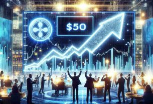 Generate a realistic high-definition image depicting the concept of the cryptocurrency XRP potentially surging beyond $500. Show a soaring line graph with a bold upward direction, held against a backdrop of a bustling stock exchange floor. Include visual symbols of excitement, such as a glowing scoreboard displaying the $500 mark and enthusiastic crowd of investors cheering around it.