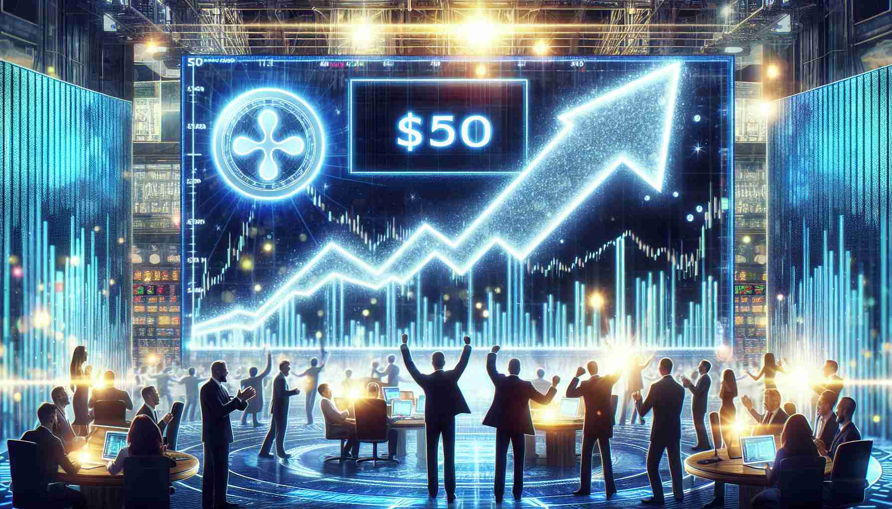 Generate a realistic high-definition image depicting the concept of the cryptocurrency XRP potentially surging beyond $500. Show a soaring line graph with a bold upward direction, held against a backdrop of a bustling stock exchange floor. Include visual symbols of excitement, such as a glowing scoreboard displaying the $500 mark and enthusiastic crowd of investors cheering around it.