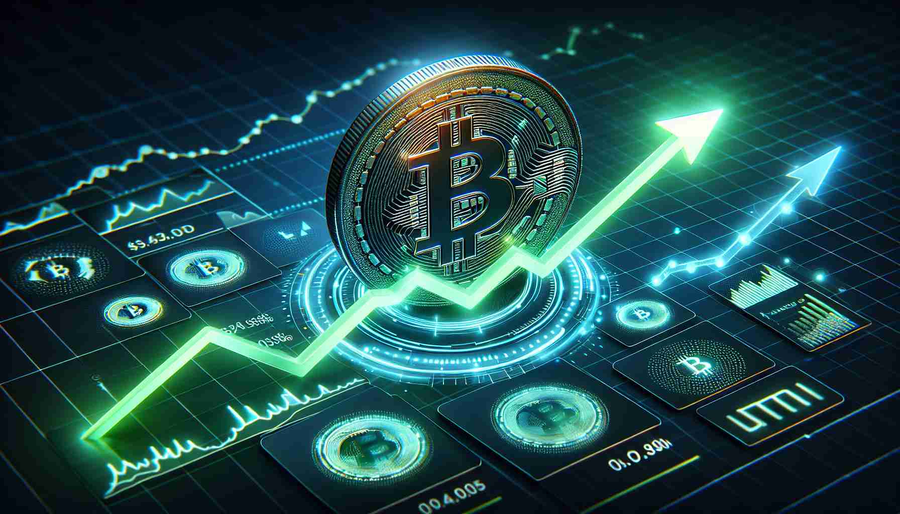 Create a high-definition, realistic image that portrays the concept of indicators signaling a potential recovery in the price of Bitcoin. Show elements like upward trending graphs, glowing green arrows, and a glowing representation of a Bitcoin coin. Please depict these elements on a futuristic digital interface to indicate the modern, high-tech nature of cryptocurrency trading.