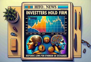 Generate an image representing a newspaper or online news headline depicting the crypto market situation where it says, 'Investors Hold Firm: Historic Lows for Bitcoin and Ethereum on Exchanges.' Display a corresponding realistic image along with the headline. The image may include visual symbols of firm grips, cryptocurrency coins, and declining graphs or charts to illustrate historic lows. This image should have a High Definition quality.