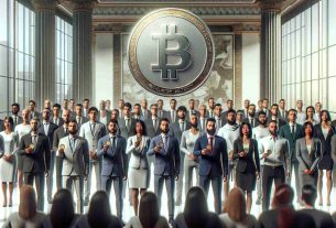 Realistic HD photo of an East Asian island nation establishing a digital currency regulatory authority with 24 founding members, featuring various men and women of mixed descent including Caucasian, Hispanic, Black, Middle-Eastern, and South Asian. The scene depicts these individuals standing in a grand, modern office space, each holding a symbolic coin representing the new venture. There's a sense of unity among them, symbolizing their collective efforts towards regulation of digital currency.