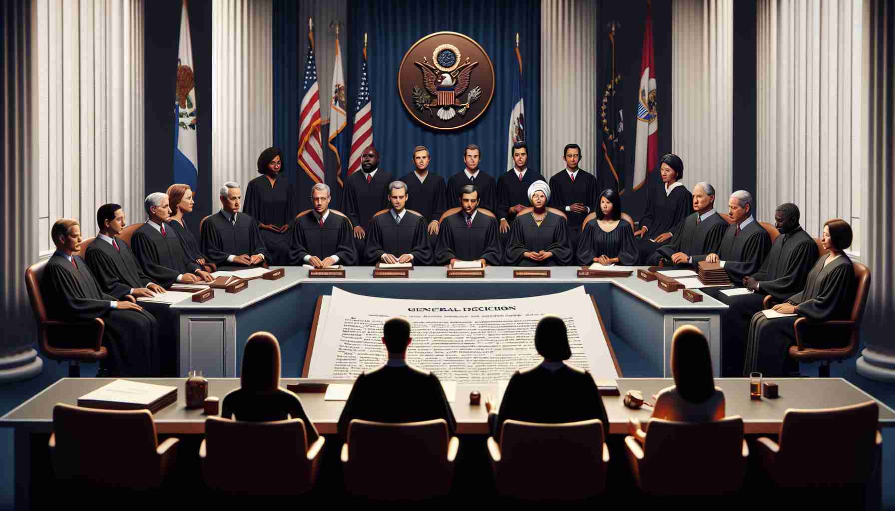 A realistic, high-definition illustration of a general court scene, implying a pivotal decision concerning the restriction of federal agencies' interpretation authority. The image shows nine judges sitting in a semi-circle, four women and five men reflecting diverse ethnicities like Caucasian, Hispanic, Black, Middle-Eastern, and South Asian. There are flags on either side of the room. Highlighted in the center is a formal document symbolizing the recent decision, held by a court clerk.