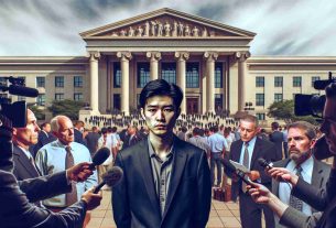 Generate an image of a hypothetical scenario where an international ring leader of a cyber-crime involved in cryptocurrency theft has just been convicted. Portray this person as an Asian male standing outside a courthouse looking dejected, with lawyers discussing in the background and news reporters covering the event. Don't forget to include visual elements such as the imposing facade of the courthouse, bustling crowd, and microphones in the hands of reporters.