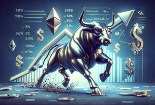 Realistic high definition graphic of the cryptocurrency Ethereum depicted behind a bull, symbolizing a positive market trend. The bull is full of energy, charging forward with a determined look, signaling a potential market upswing. Include icons and symbols associated with financial predictions, such as upward-pointing arrows and percent signs, to reinforce the concept of an upward trend.