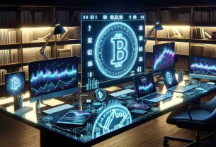 A highly detailed, realistic scene depicting anticipation for an upcoming Bitcoin halving event. The image is centred on a digital countdown timer on a large screen, with numbers displayed in bright neon on a dark background, reflecting the digital nature of Bitcoin. Surrounding the screen, multiple open laptops and LED screens show graphs, charts, and data analyses related to Bitcoin. These devices are spread on a large contemporary glass desk lit by a desk lamp, indicating late night work. The room is a modern study, with bookshelves filled with finance and cryptocurrency books.